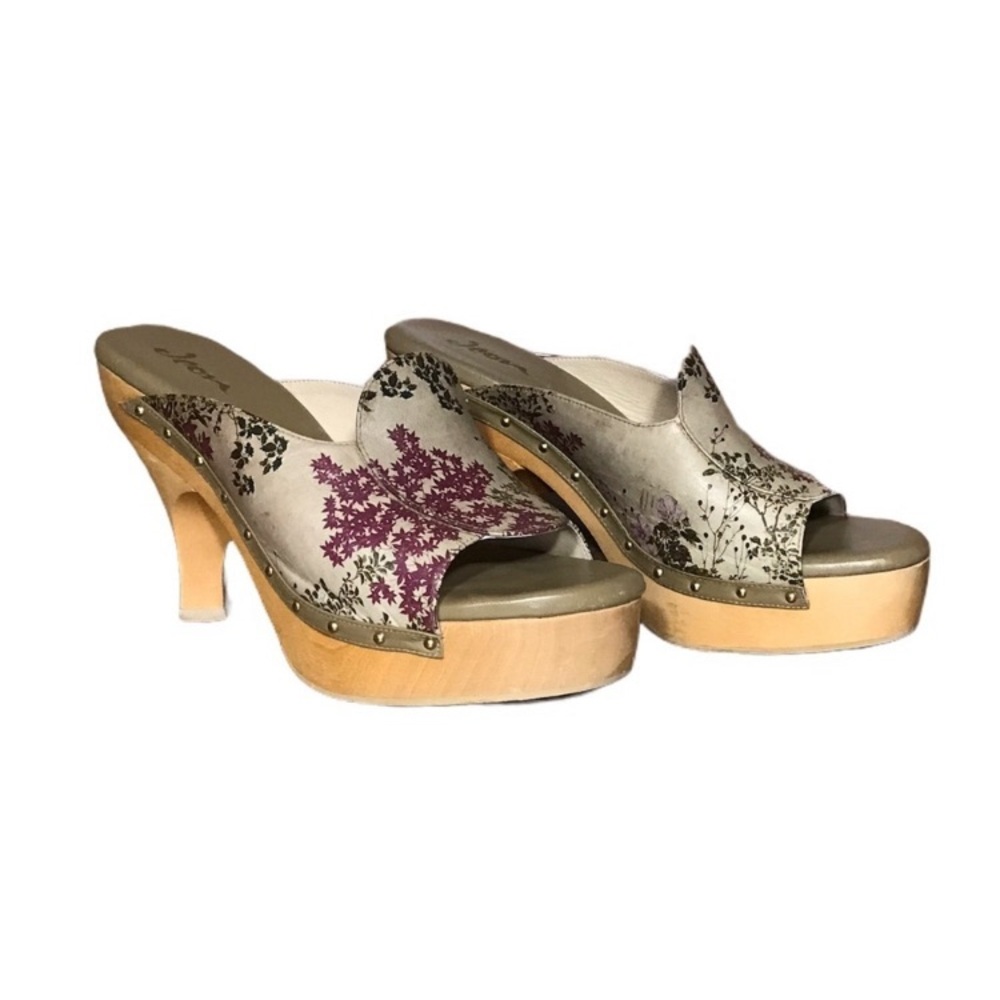 Jeon (ICON) Italian Leather Hand Painted Floral Wearable Art Wooden Clog Mules